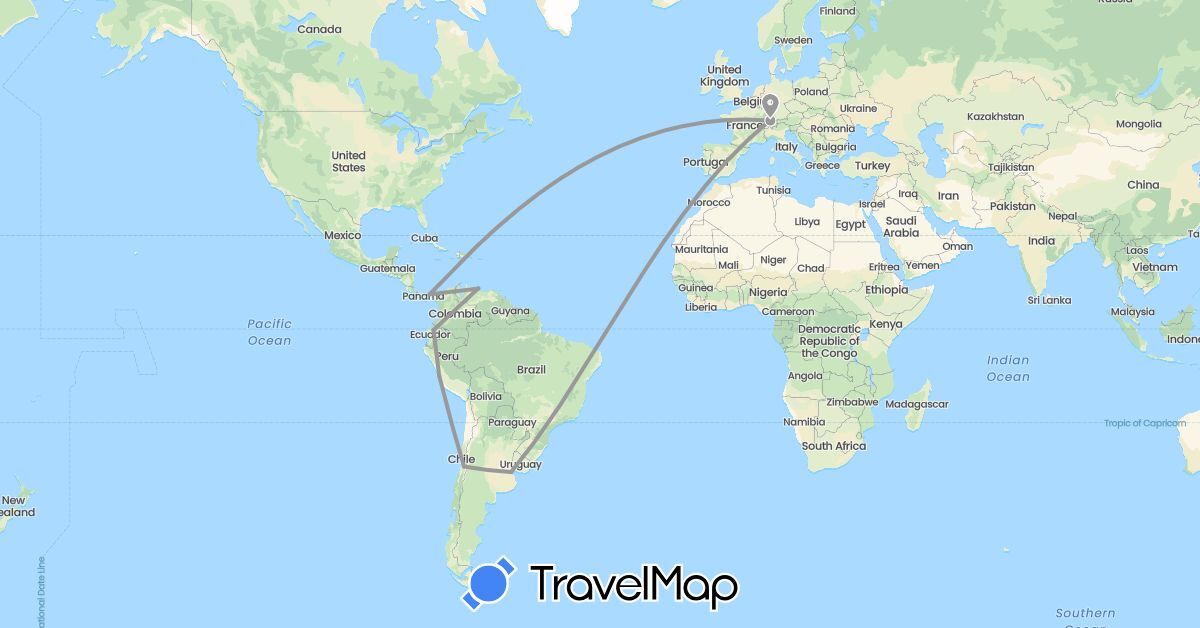 TravelMap itinerary: driving, plane in Argentina, Switzerland, Chile, Ecuador, Panama, Peru, Venezuela (Europe, North America, South America)